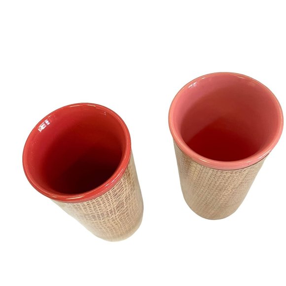 Vintage Collectible Raffiaware Rattan Insulated Tumbler Set 2 Red Pink 6" 1950 - Picture 2 of 2
